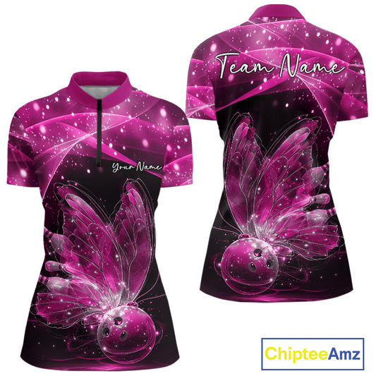 Custom Ethereal Pink Butterfly Bowling Women Quarter-Zip Shirts, Ladies Bowling Outfit IPHW10246