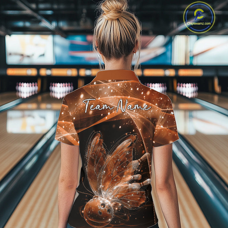 Custom Ethereal Orange Butterfly Bowling Women Quarter-Zip Shirts, Ladies Bowling Outfit IPHW10247