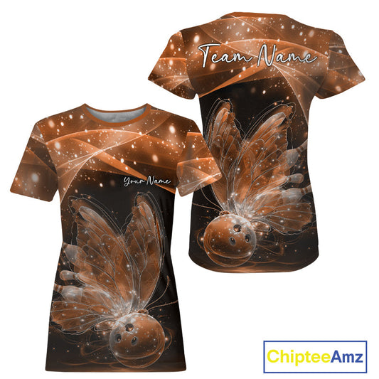 Custom Ethereal Orange Butterfly Bowling Team Women T-Shirts, Ladies Bowling Outfit IPHW10247