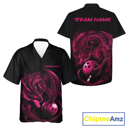 Custom Black And Pink Dragon Bowling Shirts, Bowling League Shirt Dragon Men And Women Jersey IPHW10703