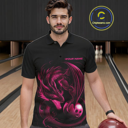 Custom Black And Pink Dragon Bowling Shirts, Bowling League Shirt Dragon Men Jersey IPHW10703
