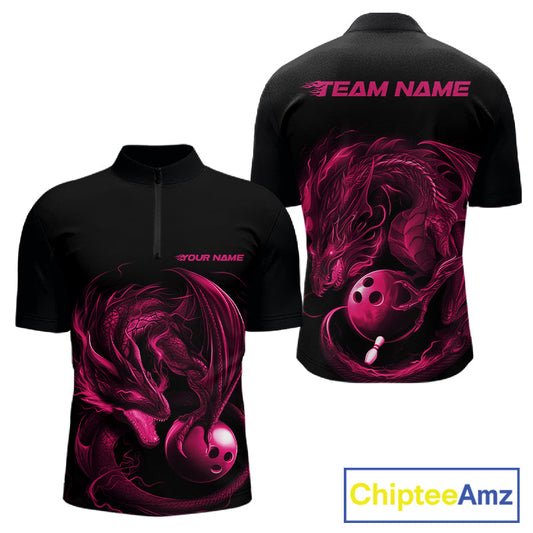Custom Black And Pink Dragon Bowling Shirts, Bowling League Shirt Dragon Men Jersey IPHW10703