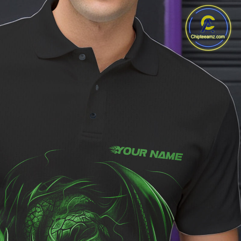 Custom Black And Green Dragon Bowling Shirts, Bowling League Shirt Dragon Men Jersey IPHW10705