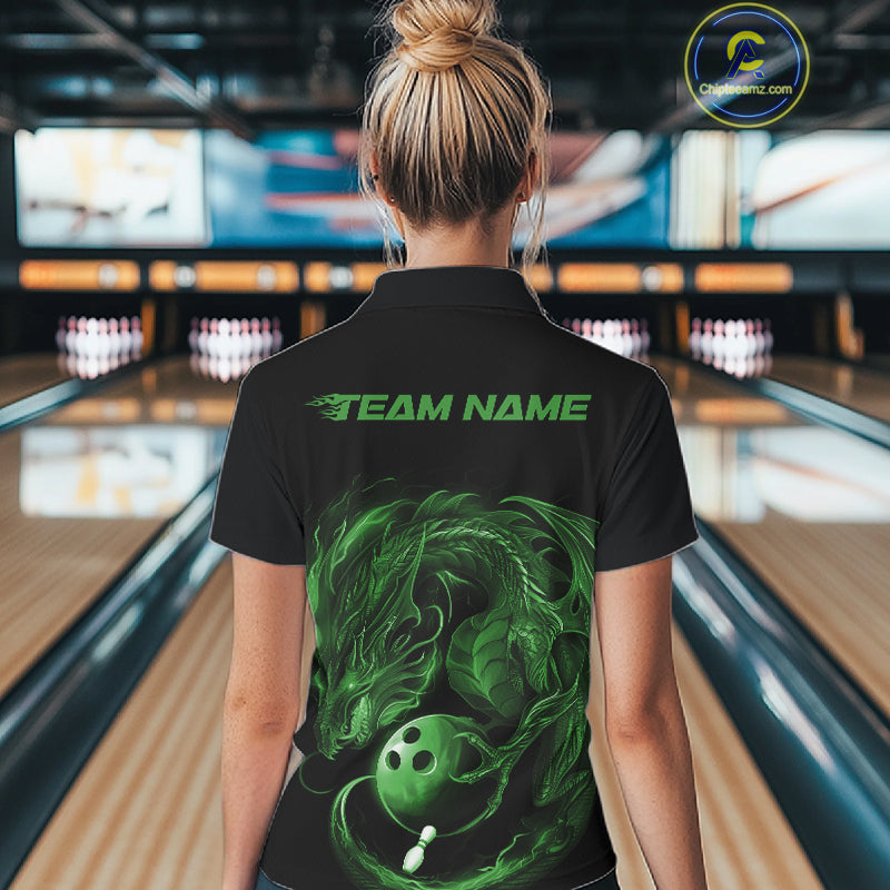 Custom Black And Green Dragon Bowling Shirts, Bowling League Shirt Dragon Women Jersey IPHW10705