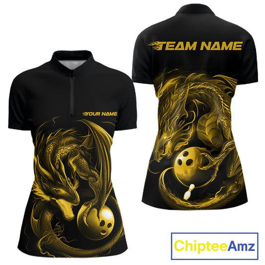 Custom Black And Yellow Dragon Bowling Shirts, Bowling League Shirt Dragon Women Jersey IPHW10706
