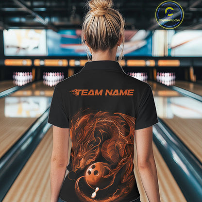 Custom Black And Orange Dragon Bowling Shirts, Bowling League Shirt Dragon Women Jersey IPHW10707