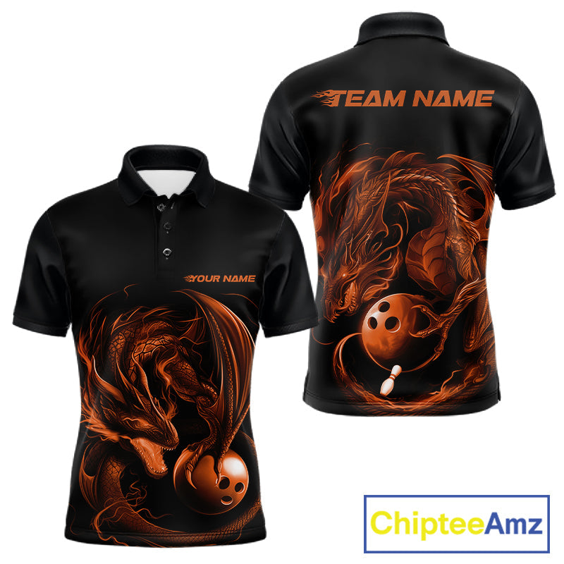 Custom Black And Orange Dragon Bowling Shirts, Bowling League Shirt Dragon Men Jersey IPHW10707