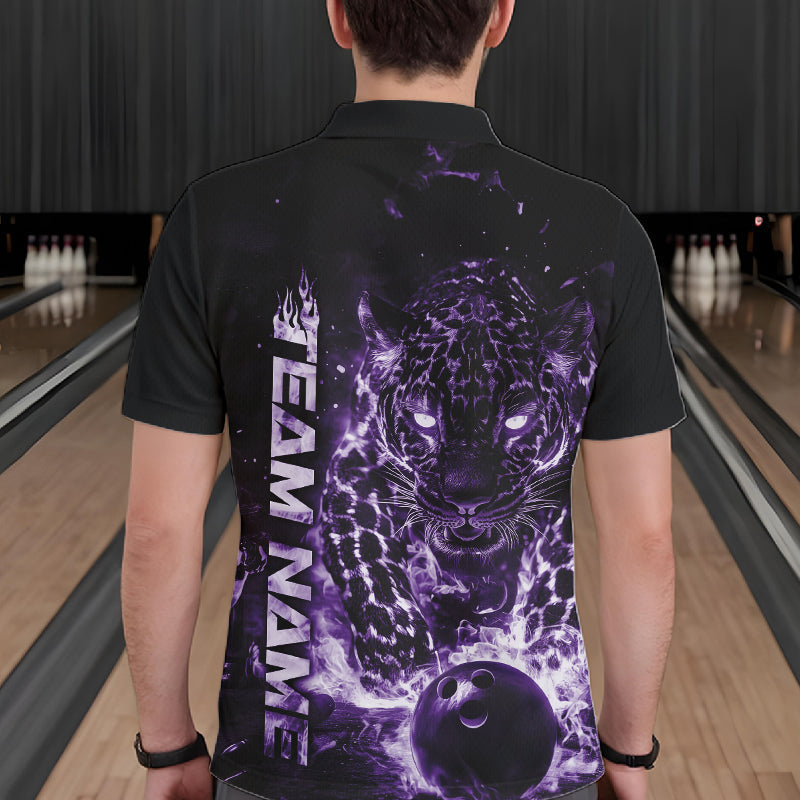 Custom Purple Flaming Leopard Men Bowling Shirts, Fire Bowling Team Shirt Bowler Uniform IPHW10713