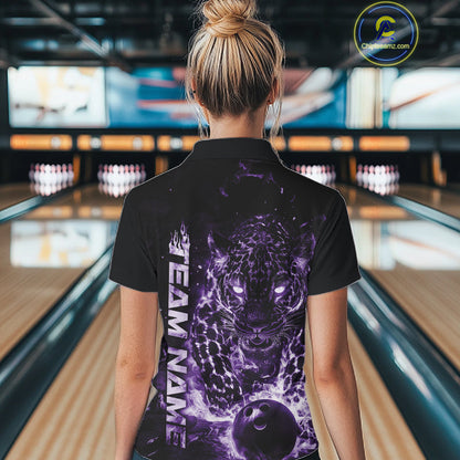 Custom Purple Flaming Leopard Women Bowling Shirts, Fire Bowling Team Shirt Bowler Uniform IPHW10713