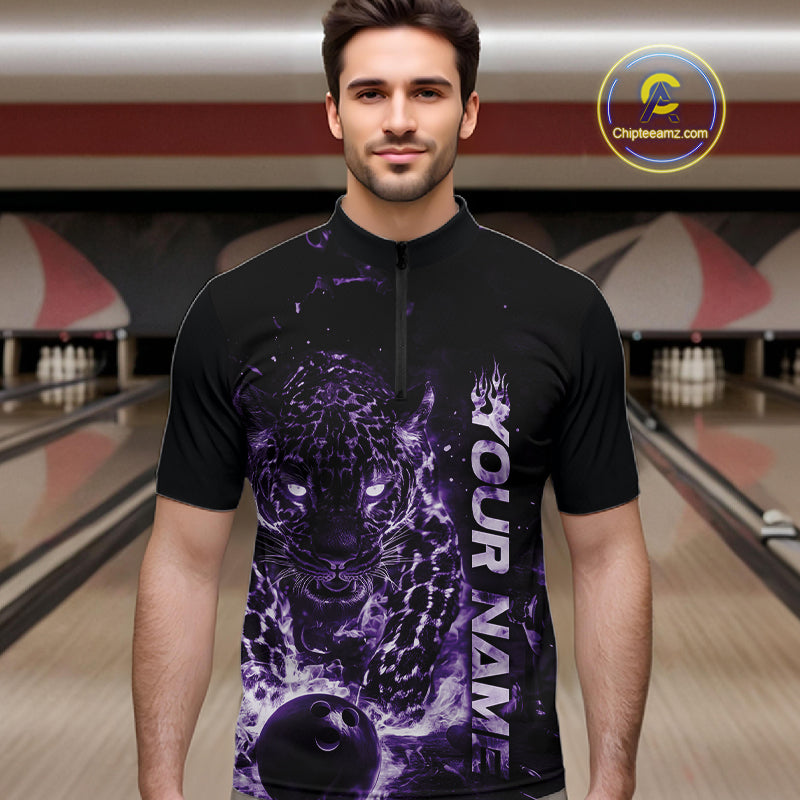 Custom Purple Flaming Leopard Men Bowling Shirts, Fire Bowling Team Shirt Bowler Uniform IPHW10713