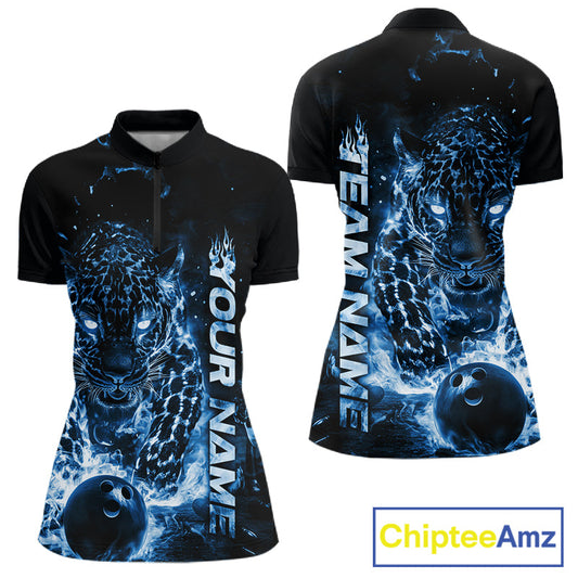 Custom Blue Flaming Leopard Women Bowling Shirts, Fire Bowling Team Shirt Bowler Uniform IPHW10714