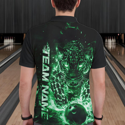 Custom Green Flaming Leopard Men Bowling Shirts, Fire Bowling Team Shirt Bowler Uniform IPHW10715