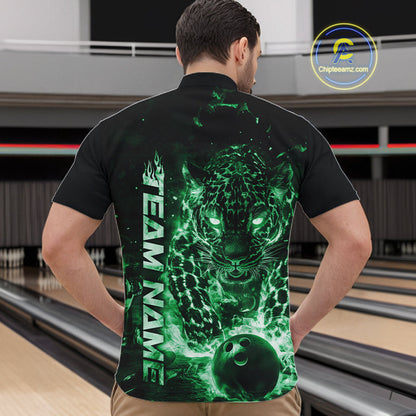 Custom Green Flaming Leopard Men Bowling Shirts, Fire Bowling Team Shirt Bowler Uniform IPHW10715