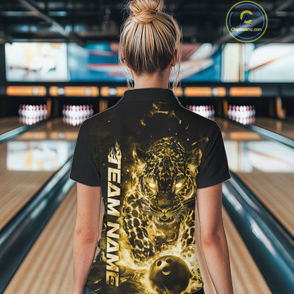 Custom Yellow Flaming Leopard Women Bowling Shirts, Fire Bowling Team Shirt Bowler Uniform IPHW10716