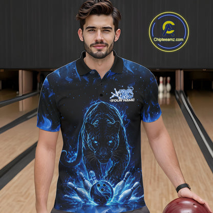 Front view of a male model in a bowling lane wearing a black polo shirt with glowing blue electric panther and dynamic bowling strike illustration.