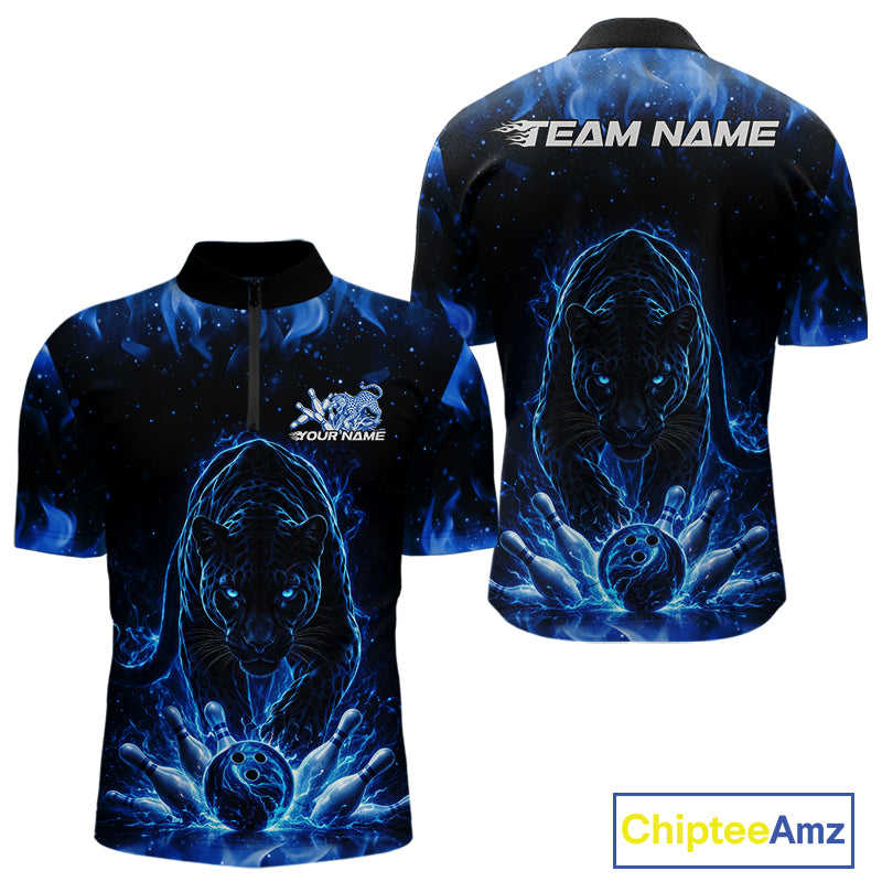 Front and back view of a mens black bowling quarter-zip shirt mockup featuring a glowing blue electric panther and bowling ball striking pins illustration.