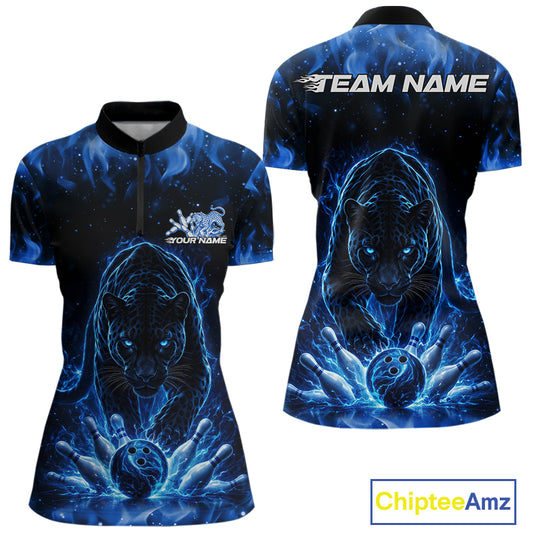 Front and back view of a womens black bowling quarter-zip shirt mockup featuring a glowing electric panther in blue with bowling ball crashing through pins graphics.
