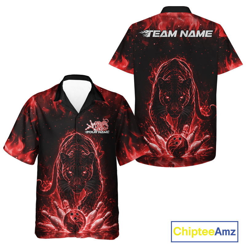 Front and back view of a black button-up bowling shirt mockup featuring a glowing electric panther in red with bowling ball crashing through pins dynamic sports illustration.