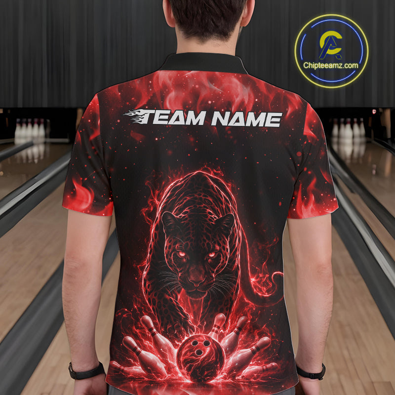Back view of a male model in a bowling lane wearing a black polo shirt featuring glowing red electric panther design with energetic bowling action visuals.