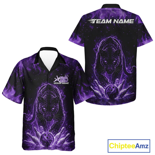 Front and back view of a black button-up bowling shirt mockup featuring a glowing electric panther in purple with bowling ball crashing through pins energetic design.