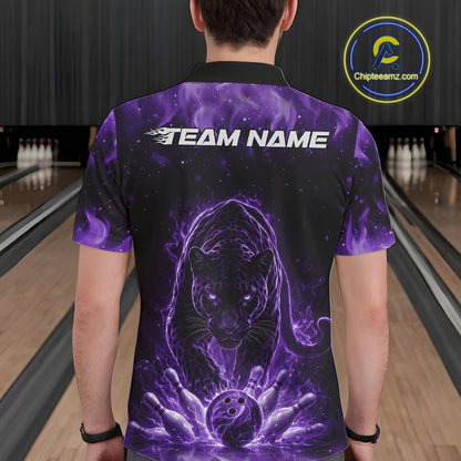 Back view of a male model in a bowling lane wearing a black polo shirt featuring glowing purple electric panther design with dynamic bowling action scene.