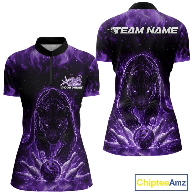 Front and back view of a womens black bowling quarter-zip shirt mockup showcasing a glowing electric panther in purple tones with bowling ball crashing through pins.