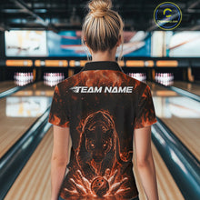 Load image into Gallery viewer, Custom Black And Orange Flame Leopard Bowling Women Polo Shirt, Bowling League Team Shirt IPHW11256
