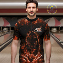 Load image into Gallery viewer, Custom Black And Orange Flame Leopard Bowling Men Quarter-Zip Shirt, Bowling League Team Shirt IPHW11256