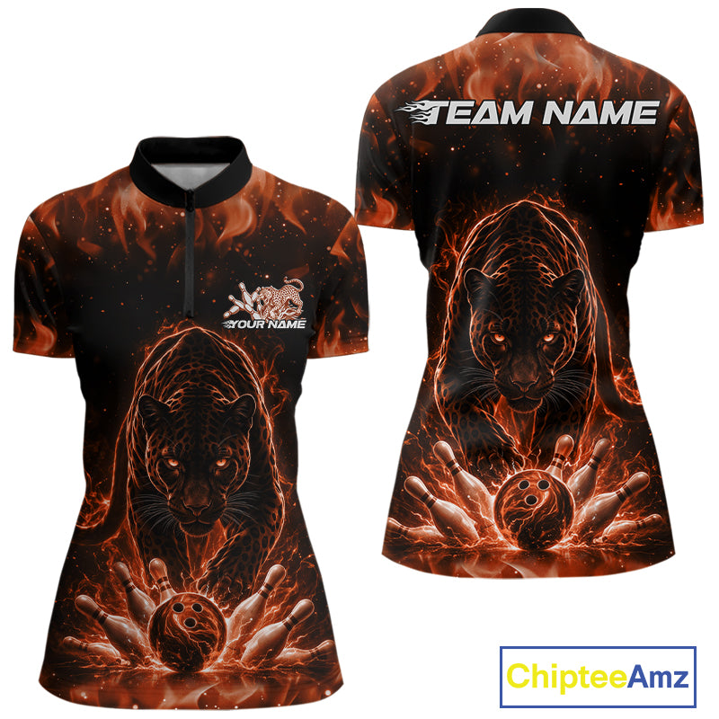 Front and back view of a womens black bowling quarter-zip shirt mockup featuring a glowing electric panther and bowling ball crashing through pins in orange and black tones.