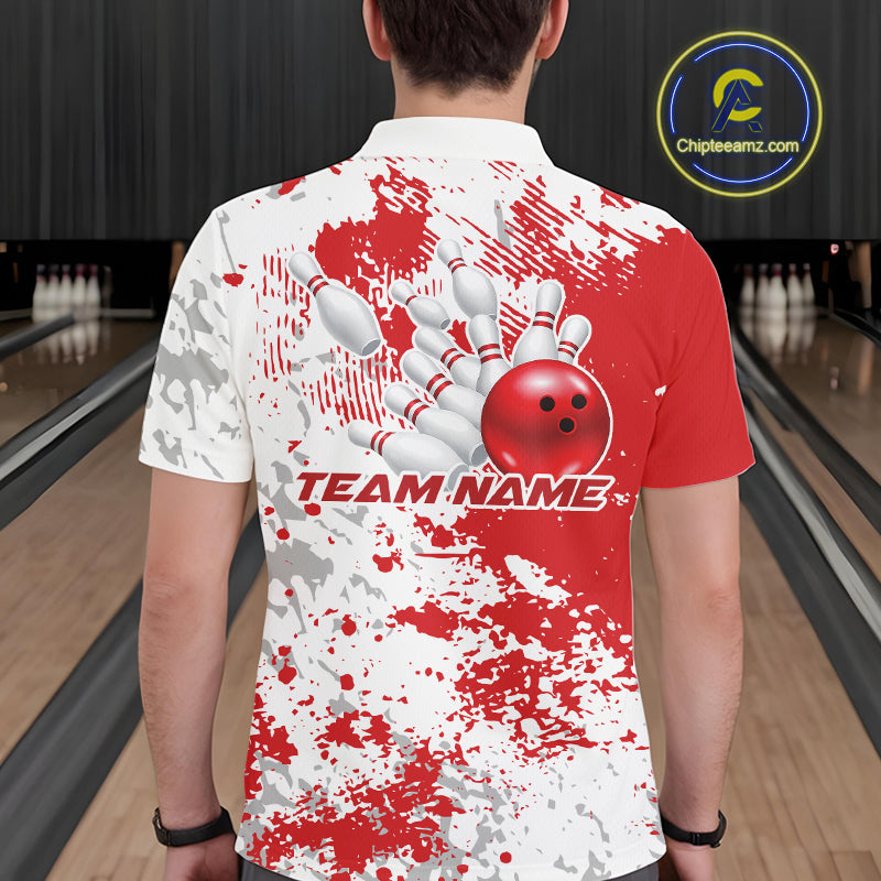 Back view of a male model in a bowling lane wearing a red and white splatter polo shirt featuring clean bowling-inspired design accents.