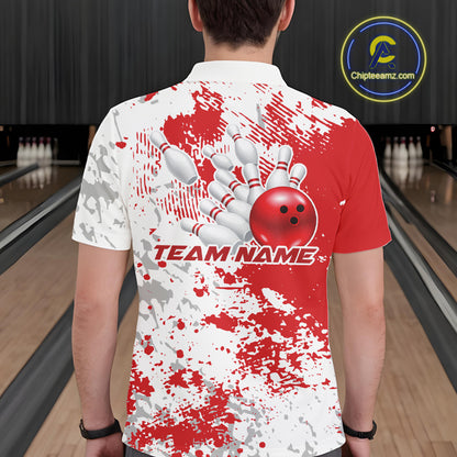 Back view of a male model in a bowling lane wearing a red and white splatter polo shirt featuring clean bowling-inspired design accents.