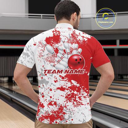 Male model in a bowling lane wearing red and white quarter zip shirt, front view showcasing red splatter design with clean athletic texture