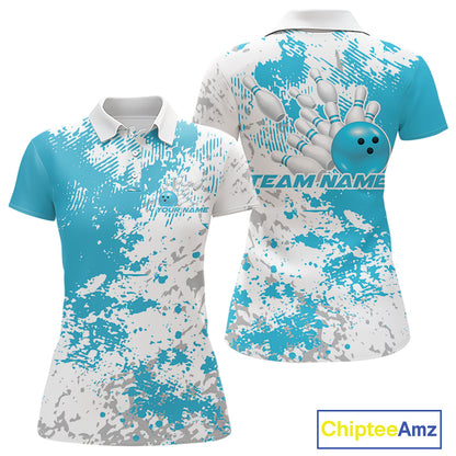Womens polo shirt mockup front and back, white shirt with teal blue and white splatter background, clean modern apparel presentation