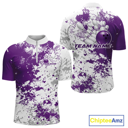 Mens quarter zip bowling shirt mockup displaying purple and white splatter background in a clean front and back presentation