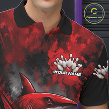 Load image into Gallery viewer, Red and black polo shirt with shark and bowling design, featuring a brand logo in the corner.