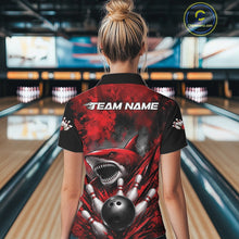 Load image into Gallery viewer, Person wearing a bowling shirt with a shark design and 'Team Name' text in a bowling alley.