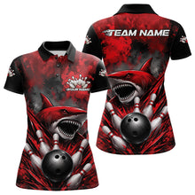 Load image into Gallery viewer, Red and black bowling-themed polo shirt with shark design on a white background