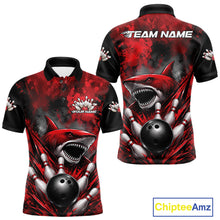 Load image into Gallery viewer, Red and black bowling-themed shirt with shark design on a white background