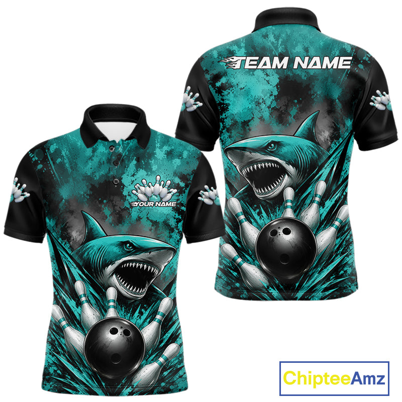 Teal and black polo shirt with shark design and 'Team Name' text on a white background