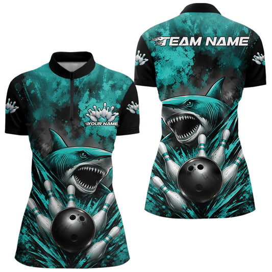 Teal and black bowling shirt with shark design and 'Team Name' text on a white background