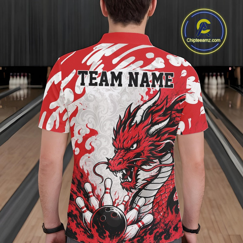 Person wearing a red and white bowling shirt with a dragon design and 'TEAM NAME' text in a bowling alley.