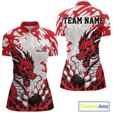 Load image into Gallery viewer, Red and white bowling jersey with dragon design and customizable text on a white background