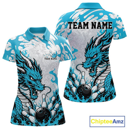 Bowling shirt with dragon design on front and back, customizable text, and Chiptee Amz branding.