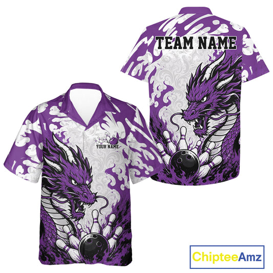 Purple and white bowling shirt with dragon design and customizable text, featuring Chiptee Amz branding.