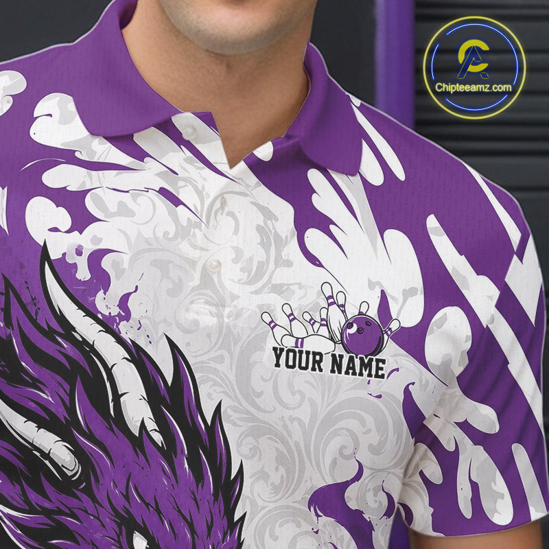 Purple and white bowling shirt with a logo and 'Your Name' text, featuring a dragon design.