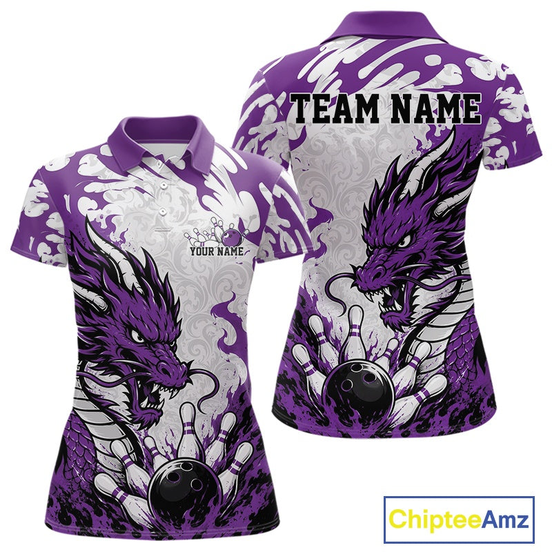 Purple and white polo shirt with dragon design on a white background