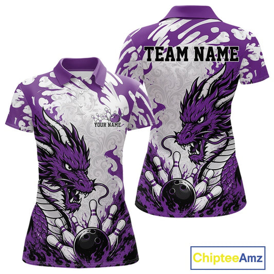 Purple and white polo shirt with dragon design on a white background