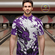 Load image into Gallery viewer, Man wearing a purple and white bowling shirt with a dragon design in a bowling alley.