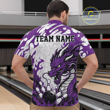 Load image into Gallery viewer, Person wearing a purple bowling shirt with a dragon design in a bowling alley.