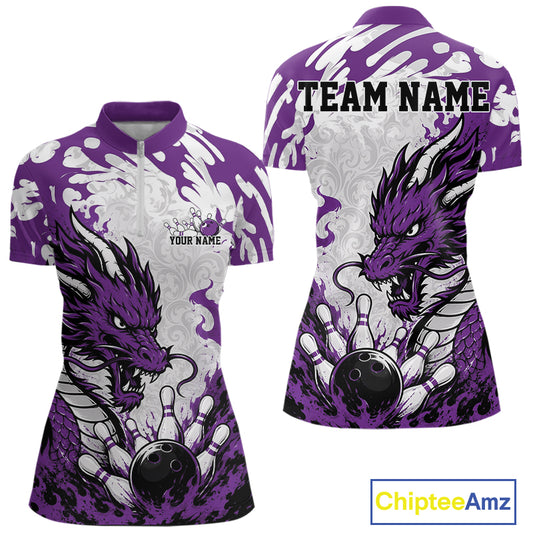 Purple and white bowling shirt with dragon design on a white background